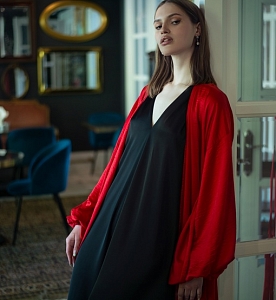Платье-кимоно пышные рукава крэш красный One size (44-52) 