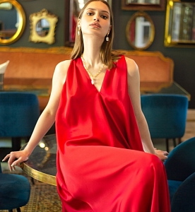 Платье КОЛОКОЛ шелк Макси Красный винный One size (44-50)