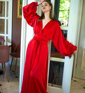 Платье-кимоно пышные рукава крэш красный One size (44-52) 